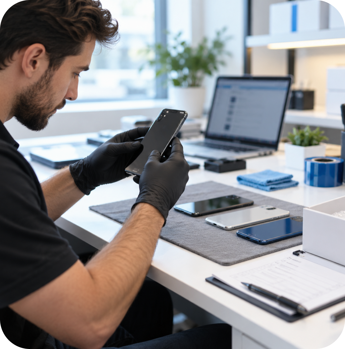 Technician inspecting a device